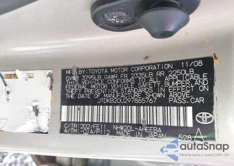 2009 Toyota Prius from USA, damaged, VIN JTDKB20U297865767